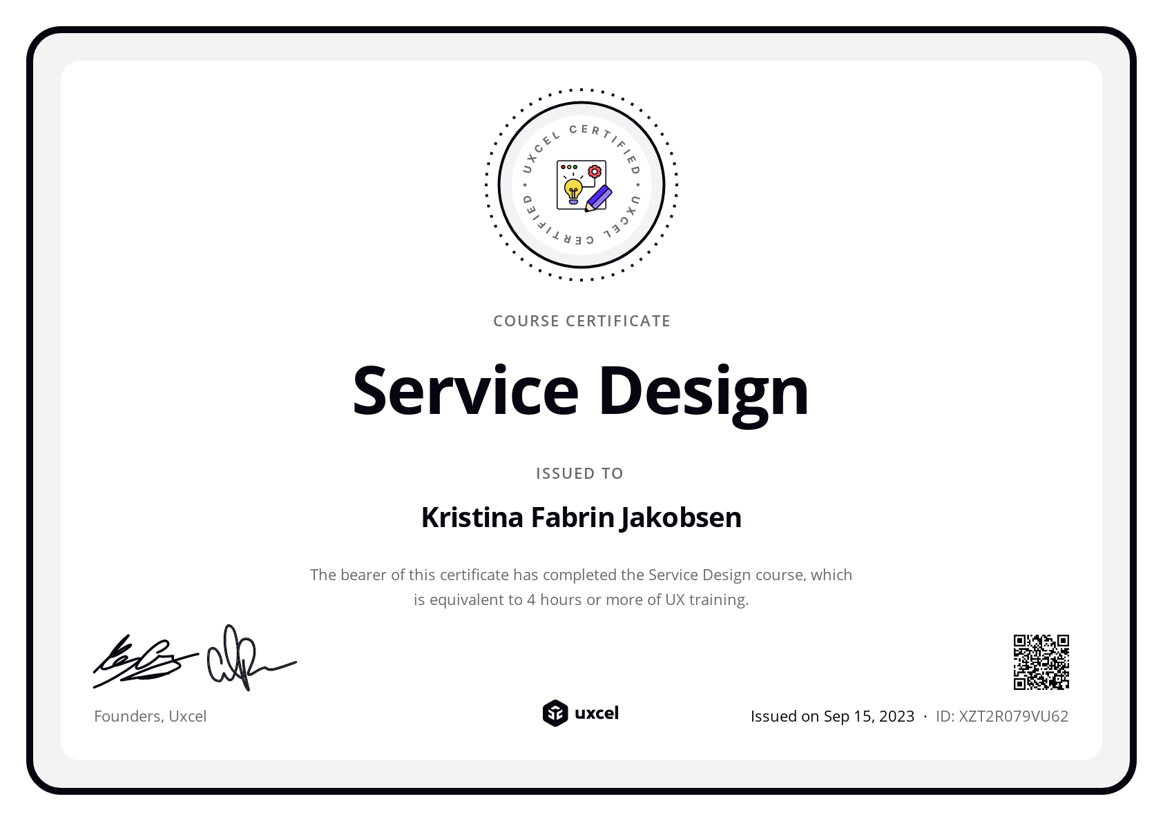Kristina Fabrin Jakobsen's certificate